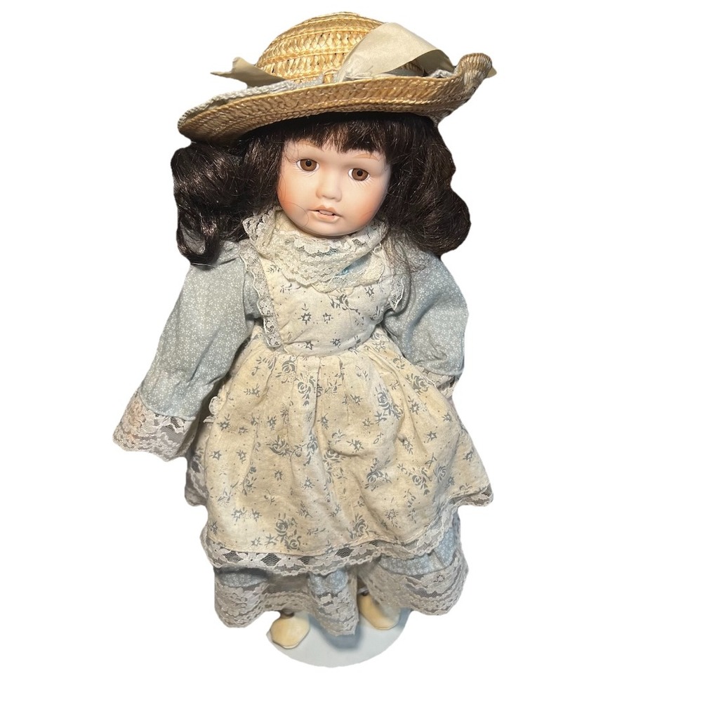 Vintage 80s Porcelain Doll & Stand Brown Hair Straw Hat Floral Dress Collectible